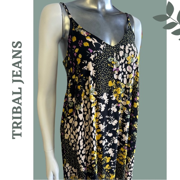 Tribal Jeans Floral Print Maxi Dress Back Elastic Smocking Black Yellow Size XS - Picture 9 of 14